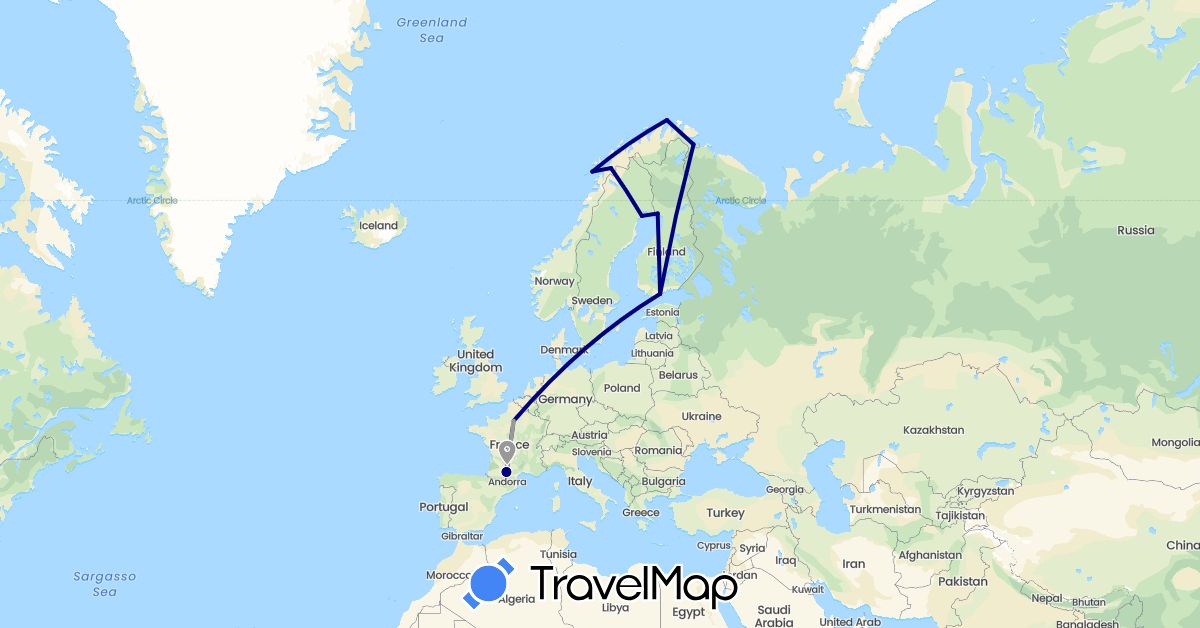 TravelMap itinerary: driving, plane in Finland, France, Norway, Sweden (Europe)